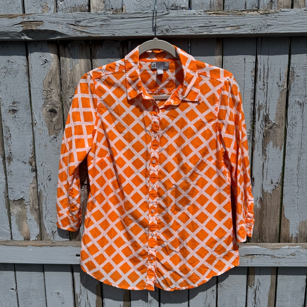 JC Penny’s Women’s Petite Medium Shirt Geometric Silk Blend Button Up 3/4 Sleeve